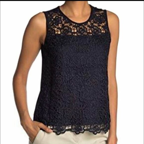 Nanette Lepore Tops - Nanette Lepore Sleeveless Floral Lace Top Size Large Dark Navy Blue